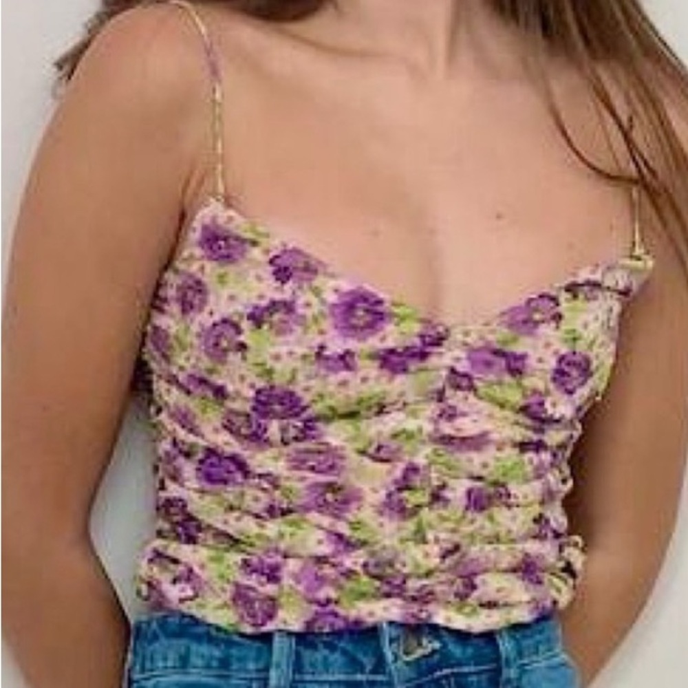 NWT ZARA Ruched Draped Lilac Floral v-neck Sleeveless crop cami tank top size s